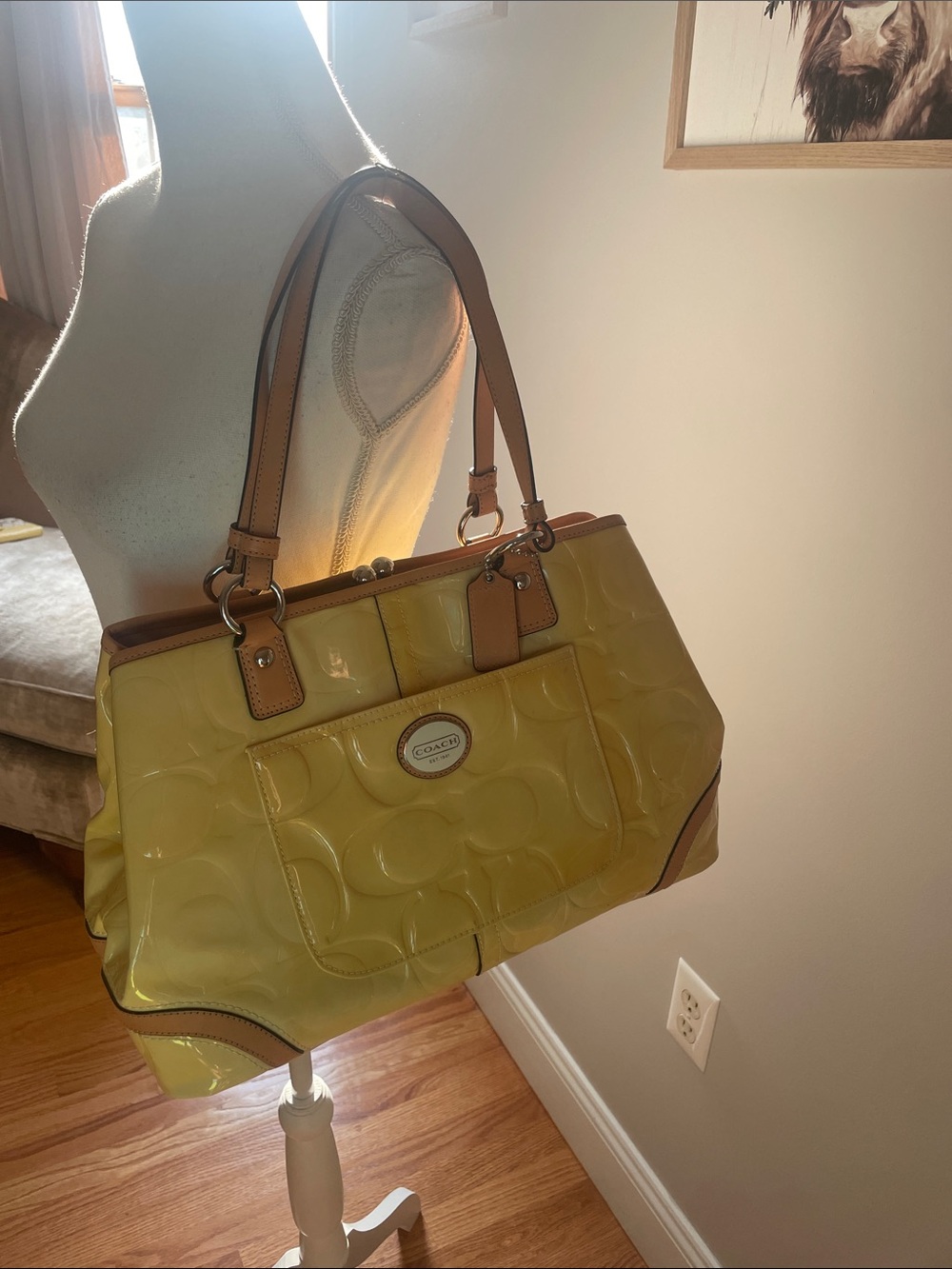 ICONIC Coach Yellow Patent Leather Shoulder Tote with Tan Trim